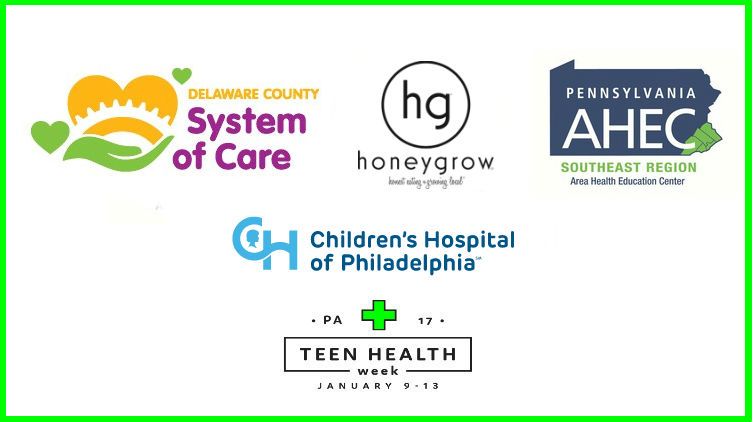Image displaying the logos of the sponsors for Teen Health Week: Pennsylvania Southeast Region Area Health Education Center (AHEC); System of Care, a program of the Delaware County Department of Human Services; the Craig Dalsimer Division of Adolescent Me