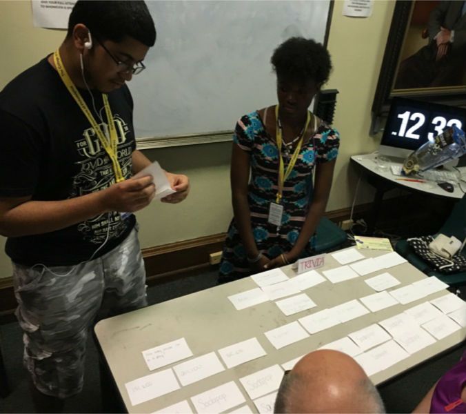 Students in the Karabots Junior Fellows Program demonstrate a game on forensics they designed to visitors to the Mütter Museum