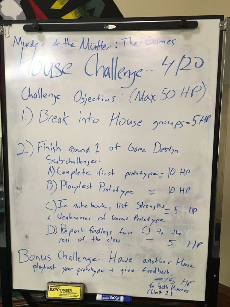 A list of challenges for the Karabots Junior Fellows' Houses to complete while designing their own games