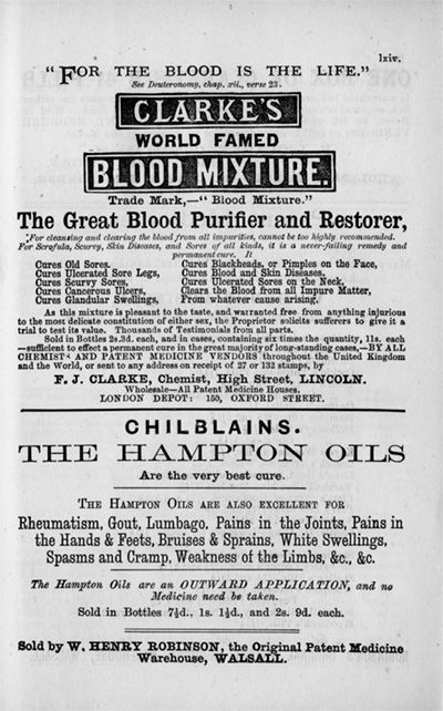 1975 advertisement for Clarke's World Famous Blood Mixture. teh ad boast the mixture can cure skin conditions, cancerous ulcers, impure blood, and any other other ailment