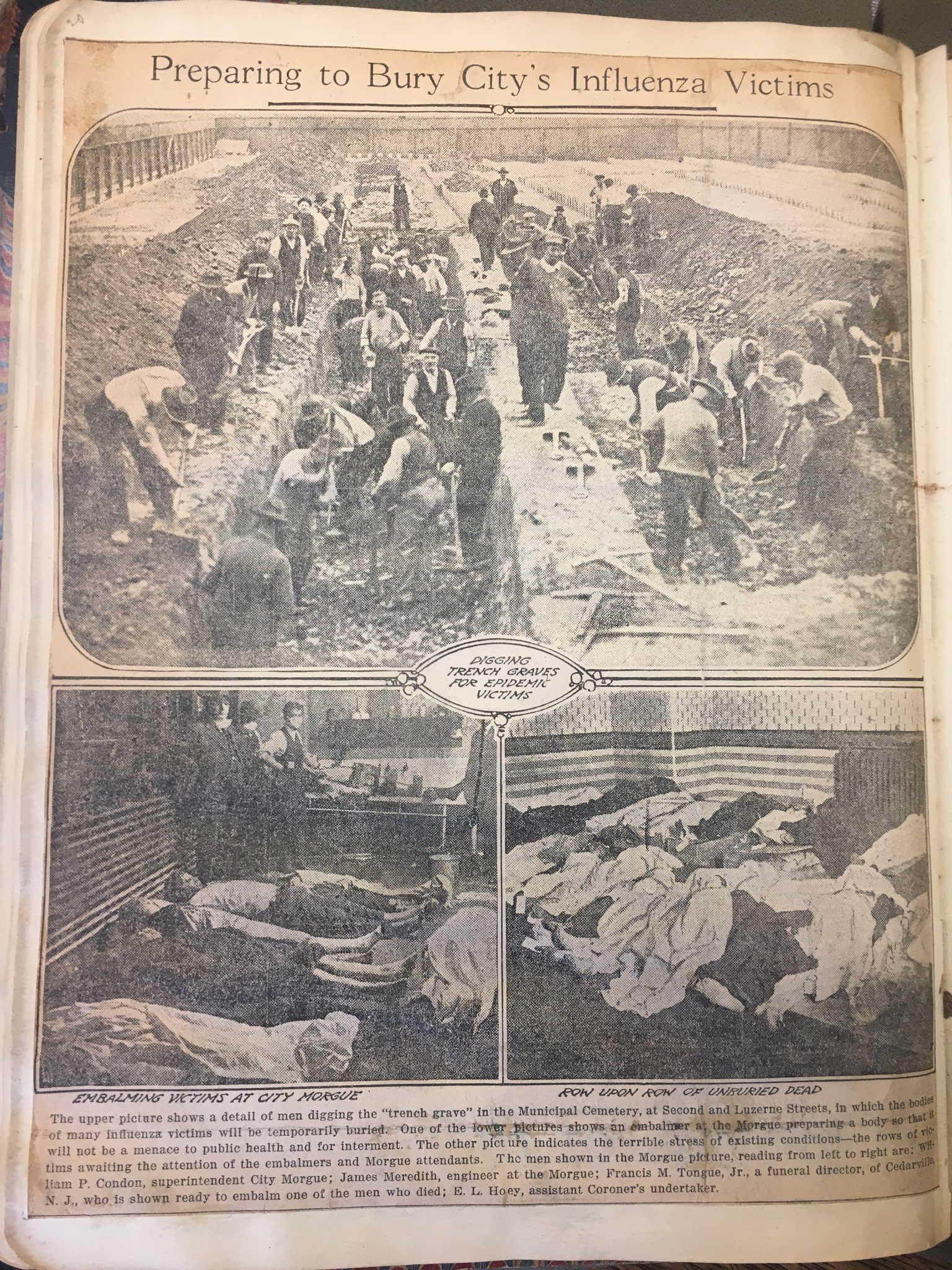 An October 1918 newspaper page with photos of men digging trenches for mass graves for influenza victims and photos of bodies piled in the Philadelphia coroner's office