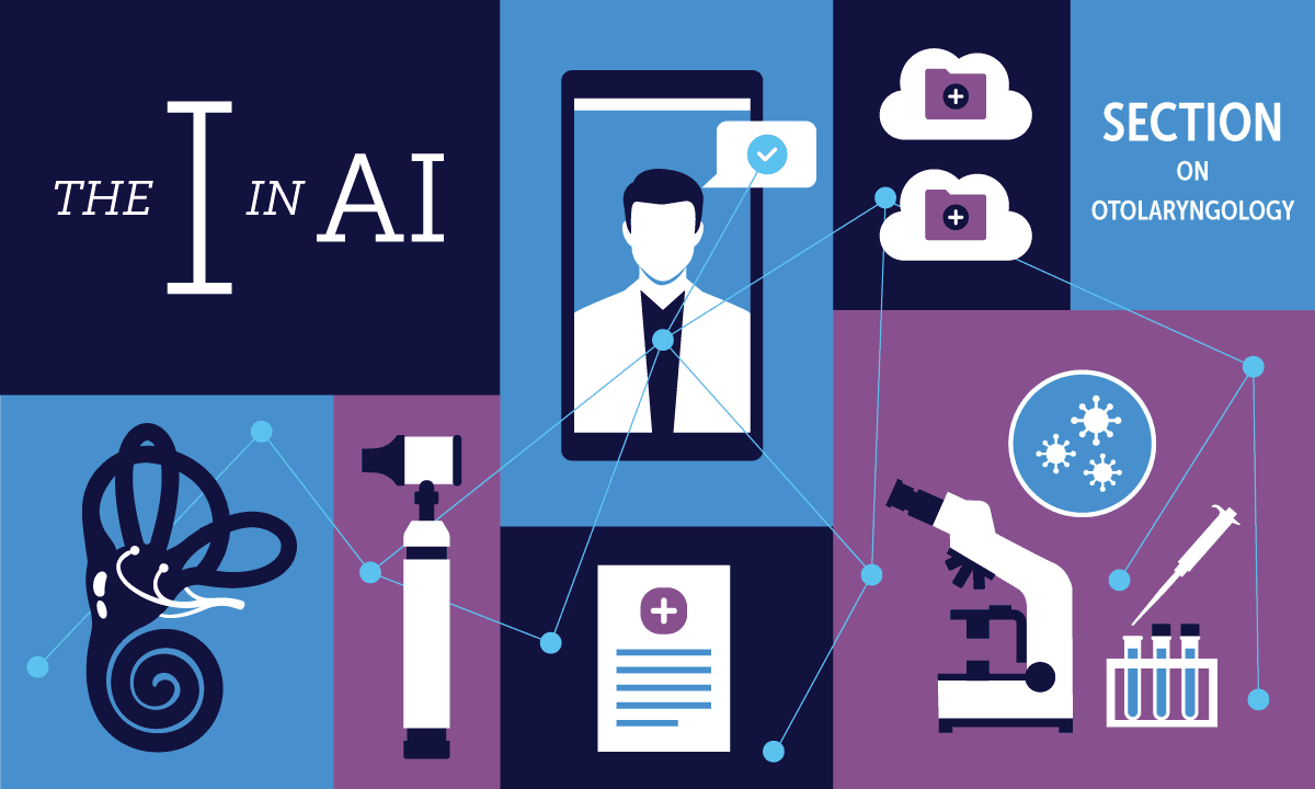 Light blue, dark blue, and purple background with "The I in AI" written amongst various illustrations of medial tools
