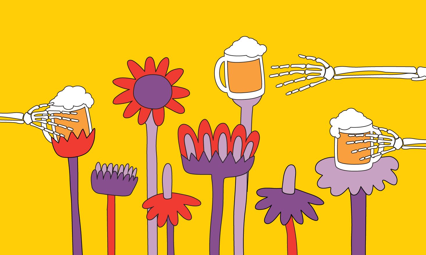 cartoon purple and red flowers holding frothing beer. Skeleton hands reaching for the beer