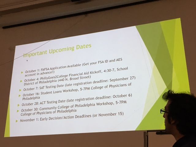 Youth Program Coordinator Kevin Impellizeri introduces students to upcoming college preparation dates