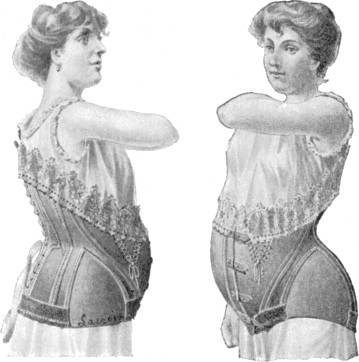 Two women posing in maternity corsets