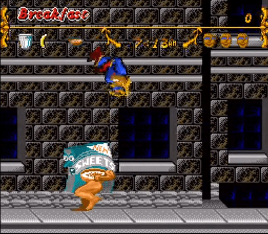 Captain Novolin, star of the diabetes-themed game of the same name, avoids sugary cereal by jumping over it.