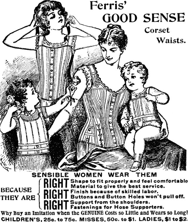 1985 advertisement for Ferris' Good Sense Corset Waists depicting a group of four women and girls of varying ages seated together in corsets. 