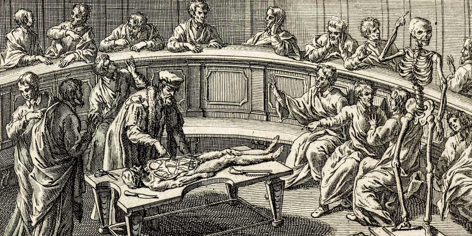 Illustration of a dissection of a cadaver with an audience