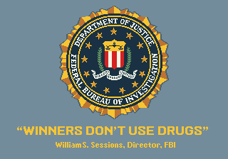 Image of the FBI logo with the caption "Winners Don't Use Drugs" below; this appeared on arcade video games from 1989 to 2000