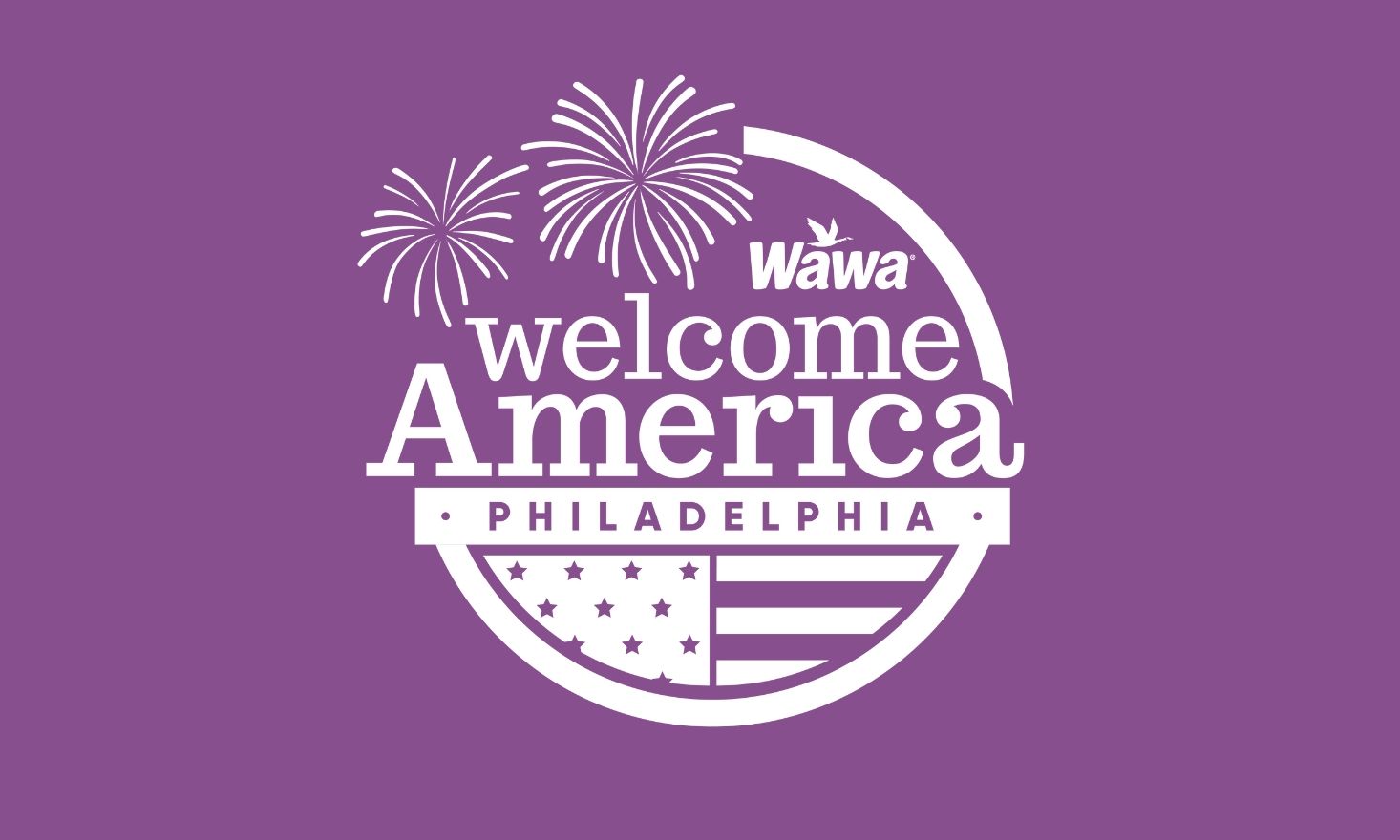 Purple background with white text reading "Wawa Welcome to America Philadelphia"