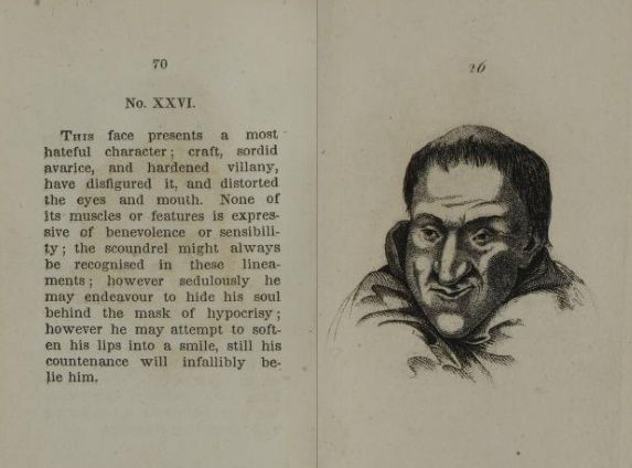 An image of a face depicted in the physiognomy book titled The Pocket Lavater. The face was to represent cruelty and deception.